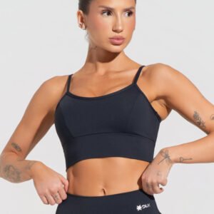 Top Fitness Feminino Preto Com Recortes E Bojo Básico Dlk