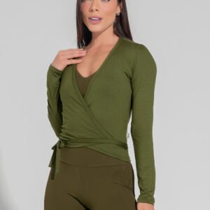 Casaco Feminino Transpassado Com Amarração Motion Lines Dlk Verde Oliva