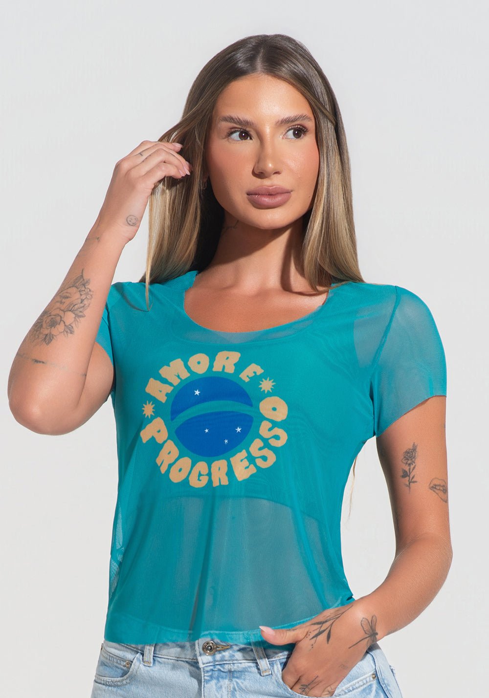 Blusa Baby Look Feminina Tule Amor E Progresso Dlk Verde
